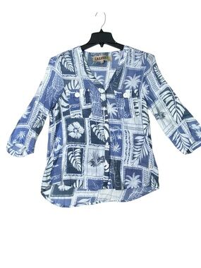 Cabana Button Down Tropical Patchwork Blouse Women's L Ivory Blue Sheer Vacation
